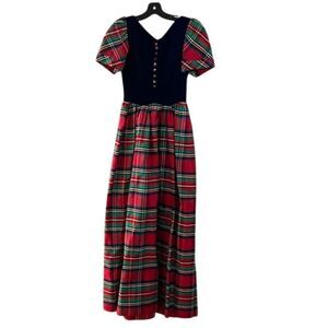 Emma Domb Vintage Red Tartan Plaid Taffeta & Blue Velvet Dress Womens Size XS-S?